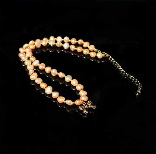 S925 Sterling Freshwater Pearl Necklace with Radiant Champagne Glow