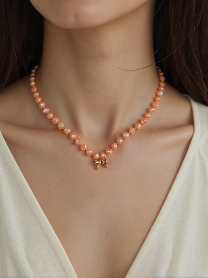 S925 Sterling Freshwater Pearl Necklace with Radiant Champagne Glow