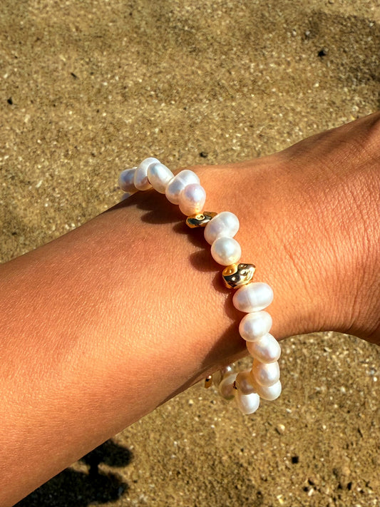 Vintage Gold Freshwater Pearl Bracelet in S925 Silver Pebble Pendant